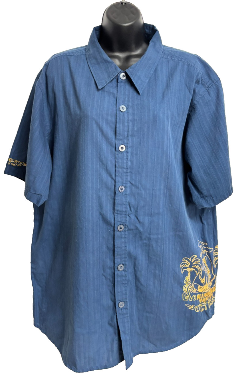 Hinano Tahiti 2XL XXL Hawaiian Aloha Shirt Men Blue Embroidered Short Sleeve